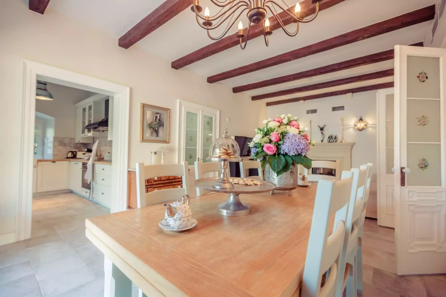 Large and White Dining Room with Fireplace in Pallazzo Trina, Montenegro