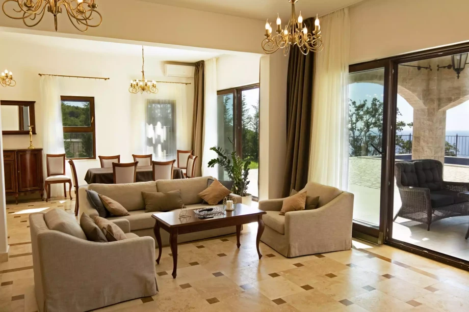Living room with beautiful furniture within an elegant villa for rent in Montenegro