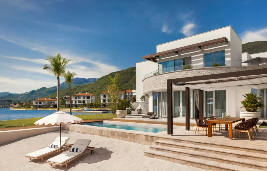 The main entrance to the luxury villa in Bay of Kotor with a swimming pool