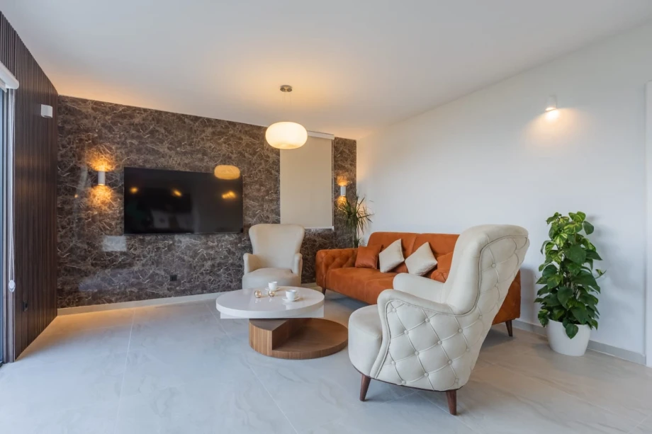 Smart TV entertainment area in modern Montenegro villa living room