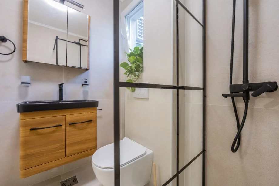 Modern glass shower cabin in a luxury Montenegro villa bathroom