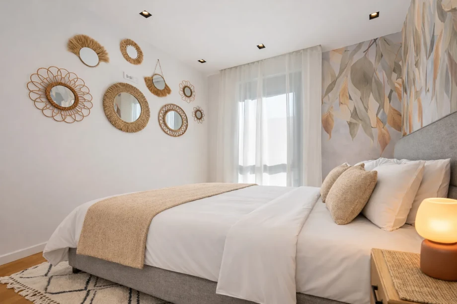 King Bed with Textured Wall Design at Azure Echo Retreat